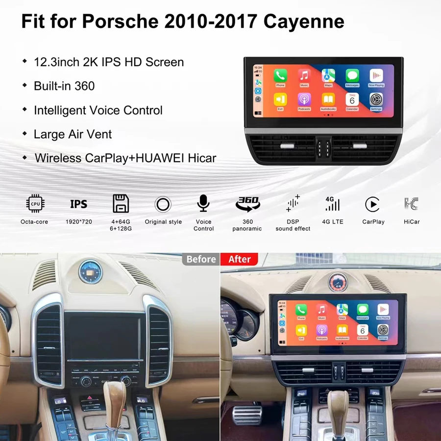 12.3inch Android 13 Car Interior Upgrade Kits For Porsche Cayenne 2010-2017 Central Console Panel Multifunctional LCD Stopwatch