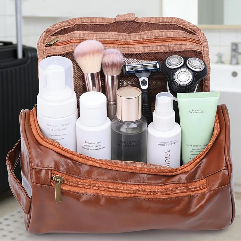 

Кожаная косметичка-органайзер большой вместимости для путешествий, подвесная, водонепроницаемая, с несколькими отделениями, портативная