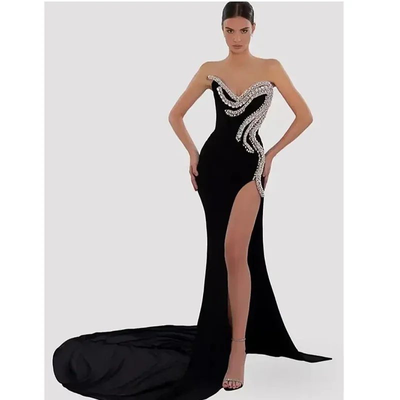 

Luxury Stereoscopic Rhinestone Design HIgh Slit Strapless Floor Length Dress Graceful Woman Evening Dress Performance Costume