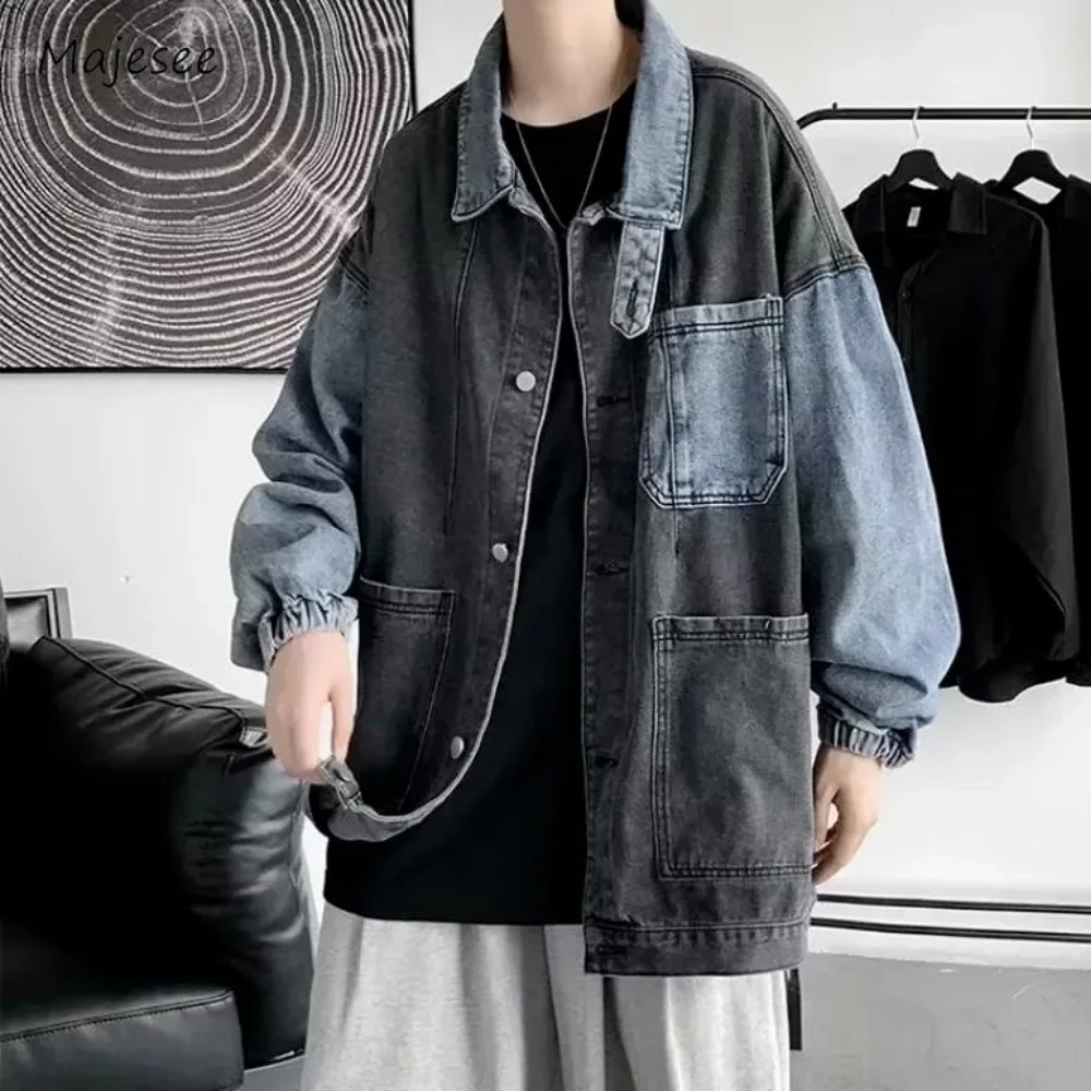 

Vintage Men Panelled Denim Jackets Single Breasted Large Pockets American Cargo Style Turn-down Collar College Trashy Washed Ins