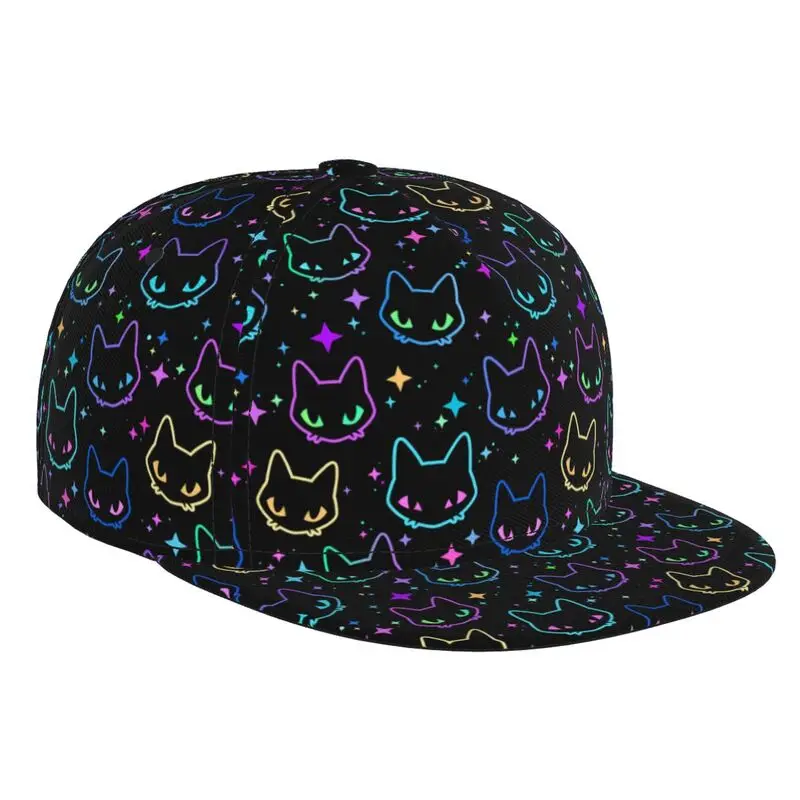 Neon Black Cat Print Baseball Cap for Men Women Adjustable Flat Brim Snapback Hat Hip Hop Trucker Hats Sun Cap
