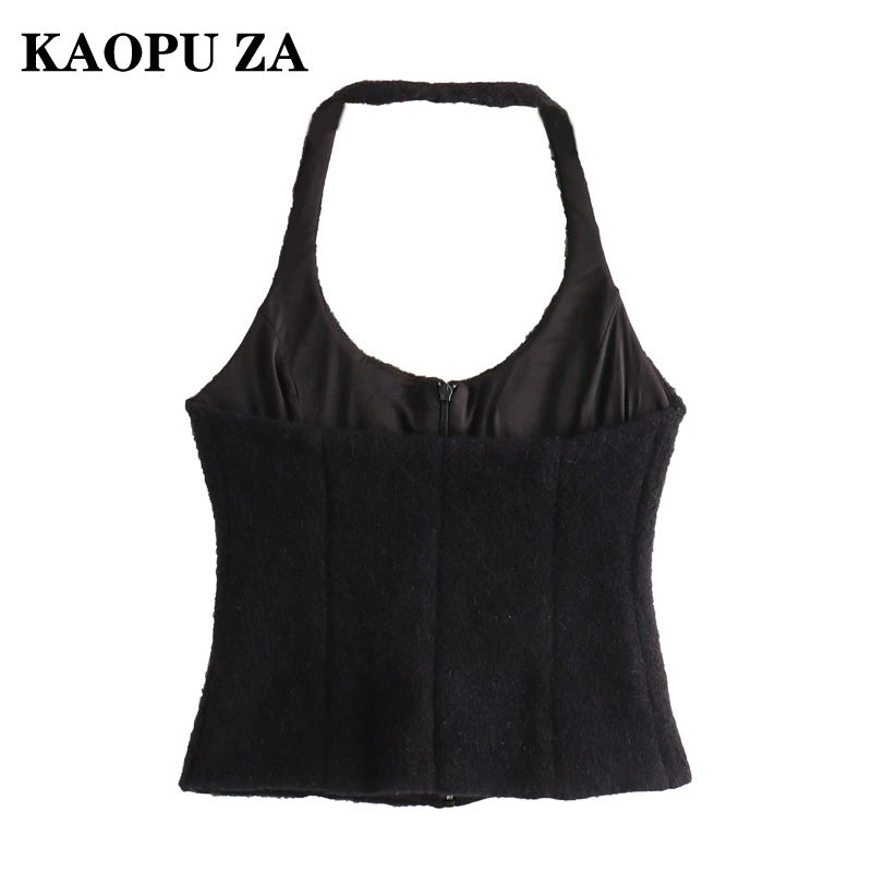 KAOPU ZA 2024 Autumn Woman Fashion Crop Top Faux Fur Vest Halter Top Party Lady Black Sleeveless Shoulder Waistcoat Slim Gilet