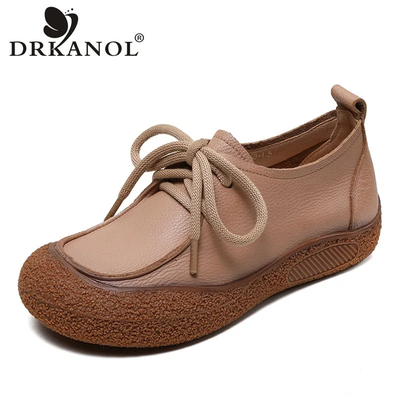 

DRKANOL Quality Genuine Cow Leather Flat Shoes Women Soft Bottom Round Toe Handmade Retro Literary Style Casual Single Shoes