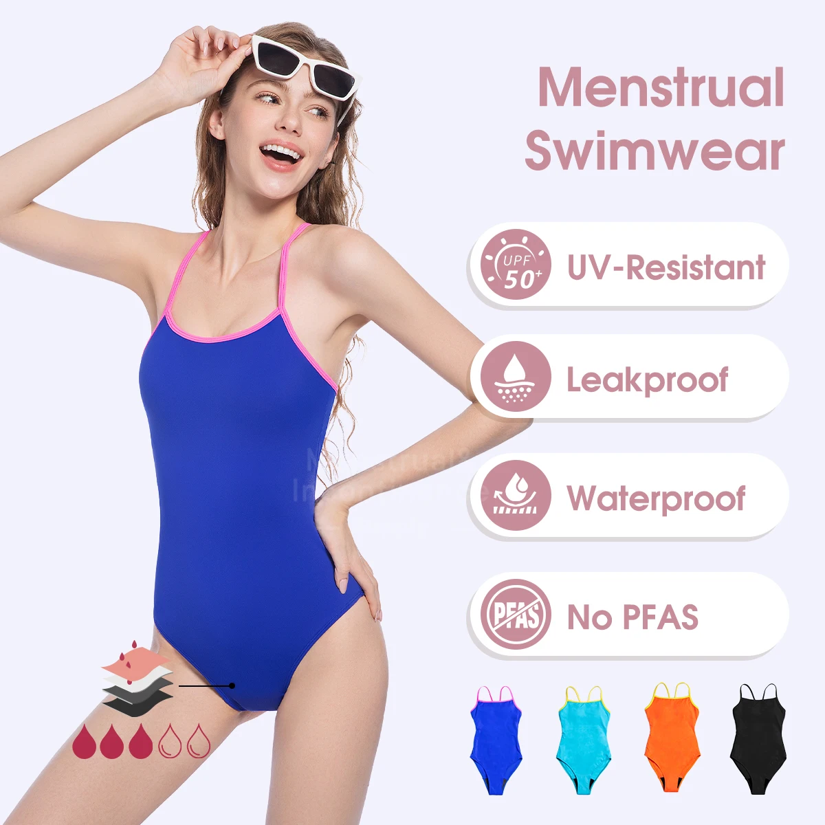 ملابس سباحة للحيض للمراهقين قطعة واحدة ملابس سباحة قابلة للتنفس وقابلة لإعادة الاستخدام 4 طبقات حماية مانعة للتسرب عالية الامتصاص للاستحمام S