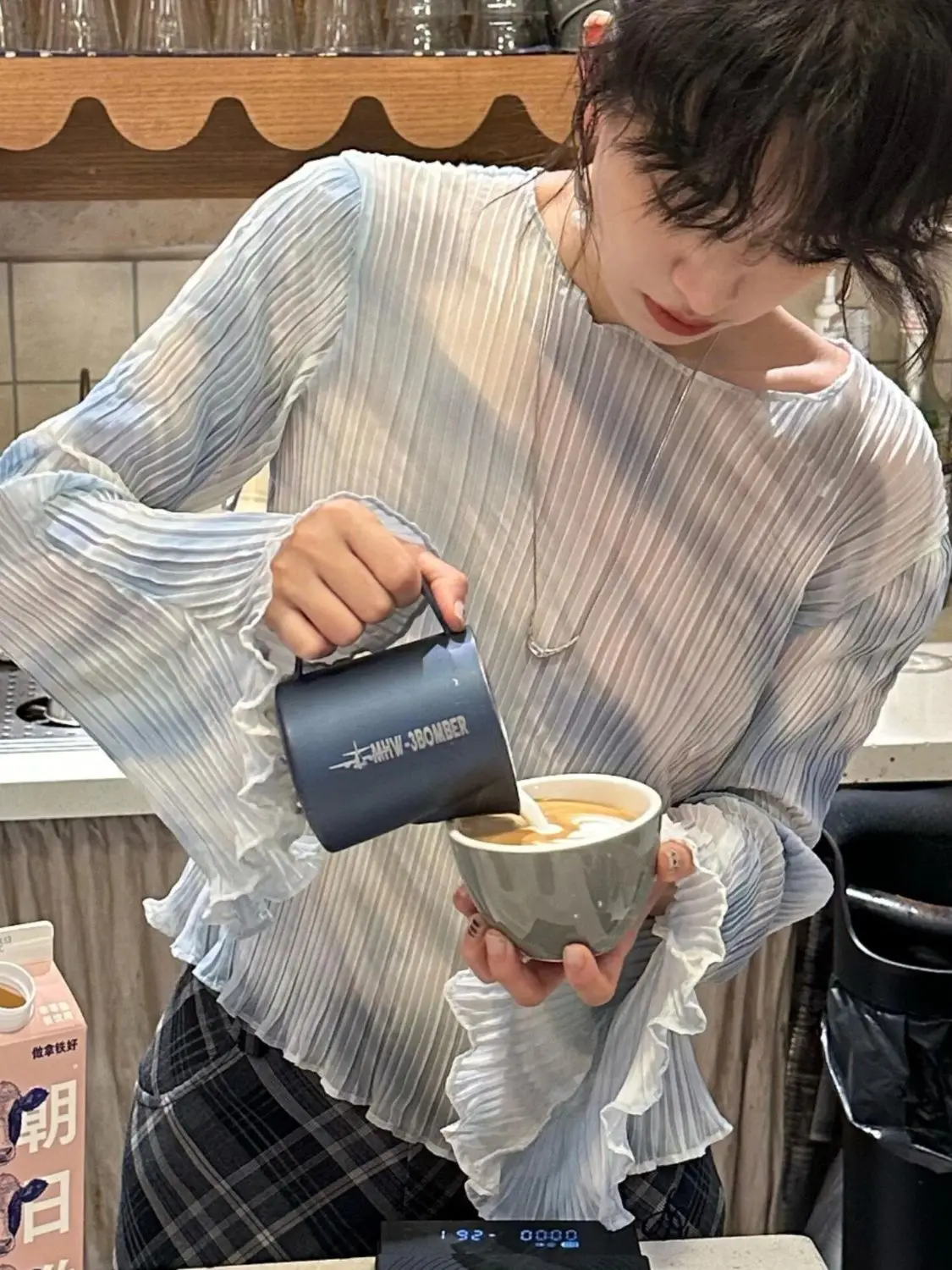 Women T-Shirt Korean Style Tie Dye Blue Print Pleated Trumpet Sleeves Slim Fit Spicy Girl Sweet Summer Fashion Chic Top
