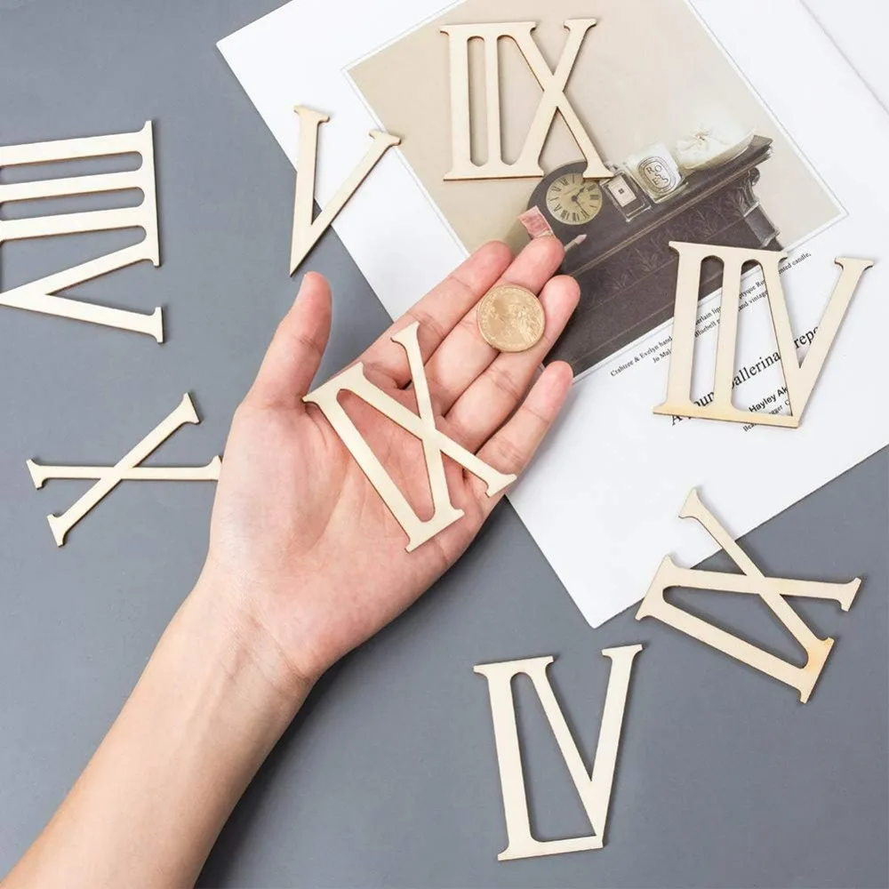 24pcs Unpainted Wooden Roman Numerals Shape Unfinished Wood Cutouts for Craft Wood Embellishment-2.7 Inch Height