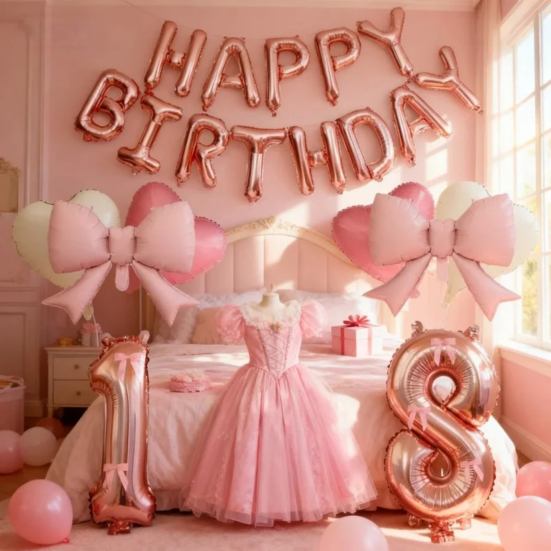 29-teiliges Ballonset zum 18. Geburtstag in Rosa, 32 Zoll Roségold-Folienballons mit der Zahl 1 und 8, mit rosa Schleifen- und Herzballons, 16 Zoll Roségold-Geburtstagsbanner, geeignet für die