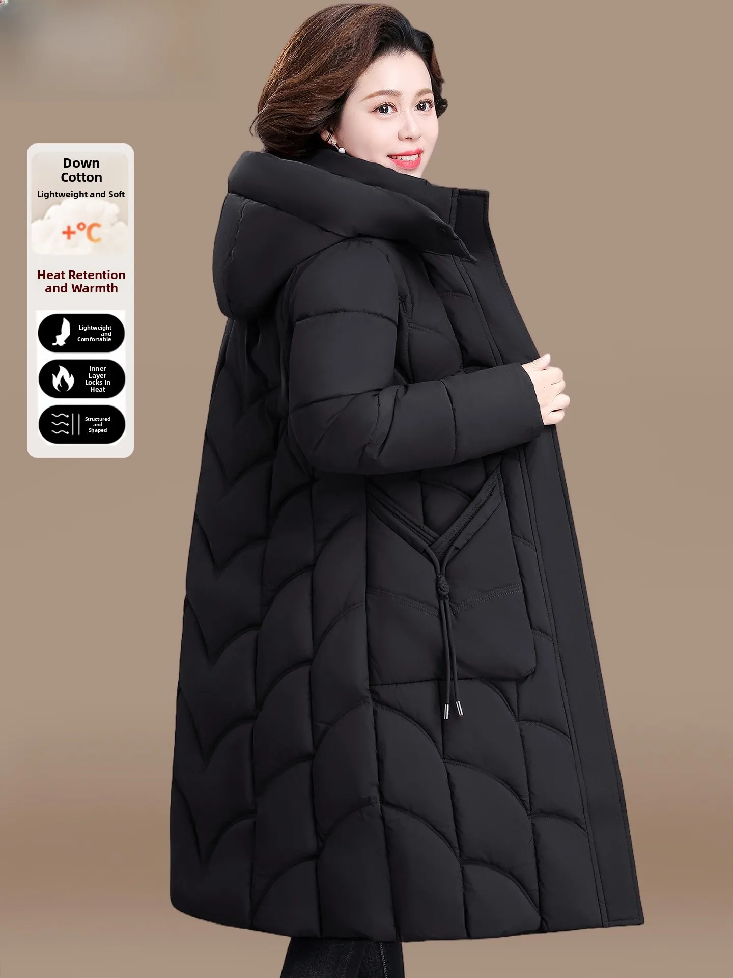 

Теплая удлиненная зимняя куртка выше колена для женщин среднего возраста, пуховик из хлопка, повседневная свободная модель на молнии