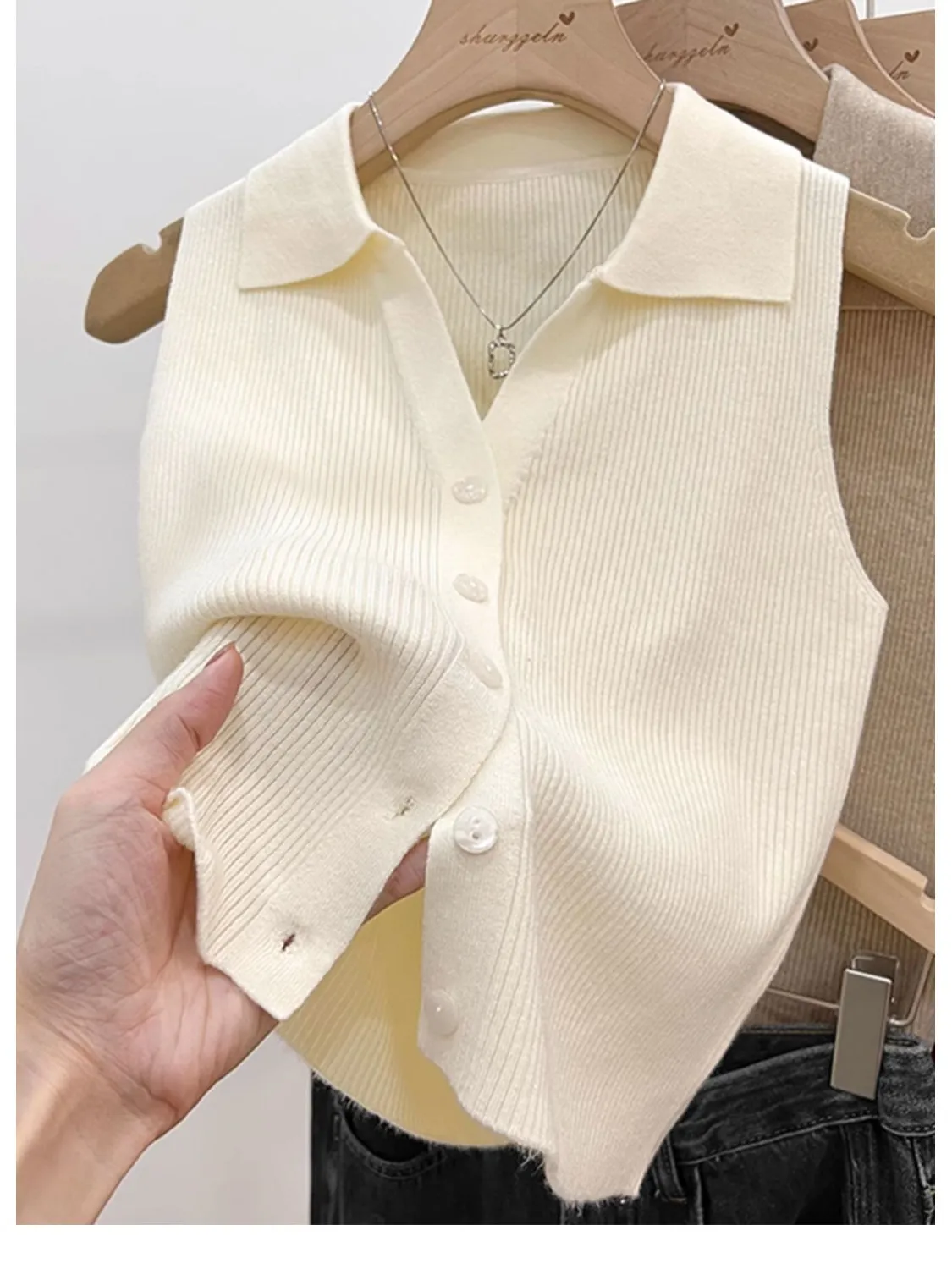 Ele  Collar Red Strap Vest Women Summer Single Button Thin Knitted Svel Top Commute Sle Slim Fit  Color