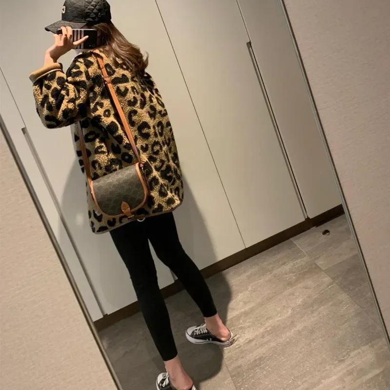 2025 Autumn Winter New Women's Jacket Korean Fashion Elegant Leopard Print Top Leather Fur Integrated Warm Coat Fake Fur Tops
