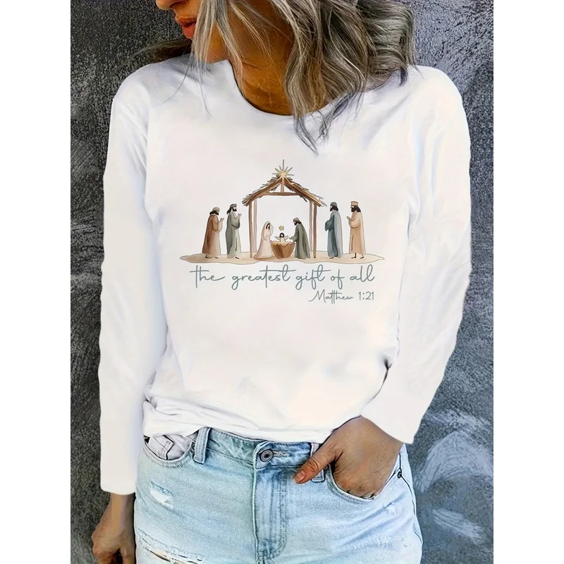 Women Long Sleeve T-shirt Christmas Nativity Scene Letter Print Crew Neck Casual Tee
