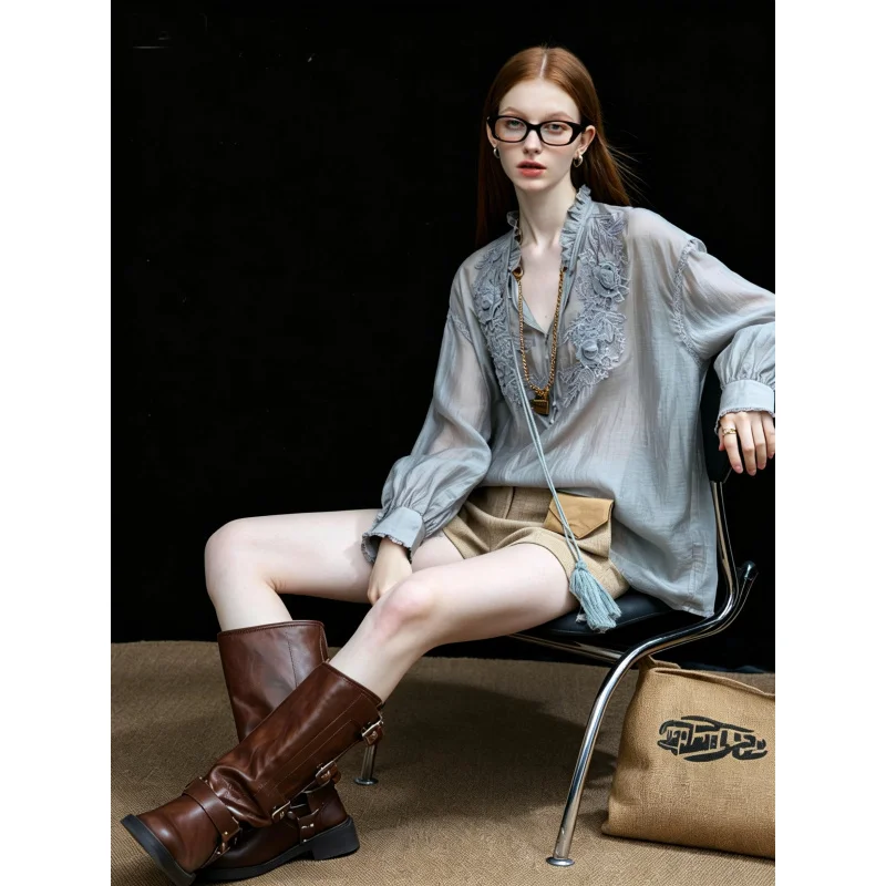 

Women French Romantic Blouse, Long Sleeve Lace Trim Cold Shoulder Drape Shirt, Loose Fit Button Detail Breathable Casual Tops
