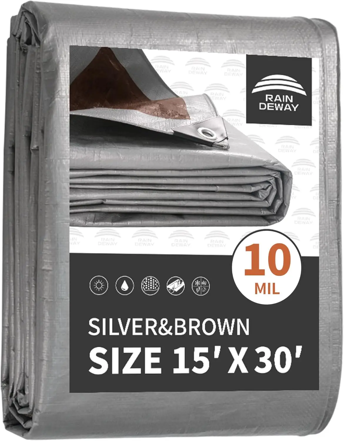 

Heavy Duty Waterproof Tarp 15x30 Feet, 10Mil Thick with Metal Grommets and Reinforced Edges, Silver/Brown
