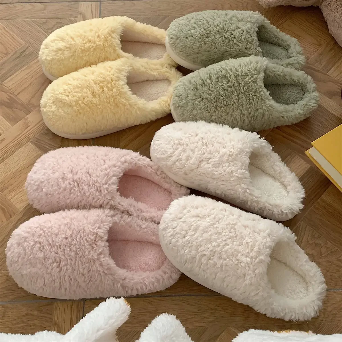 Solid Color Home Slippers Women Girls Cute Fluffy Winter Warm Plush Indoor Flats Bedroom Slides Casual Female Furry Shoes