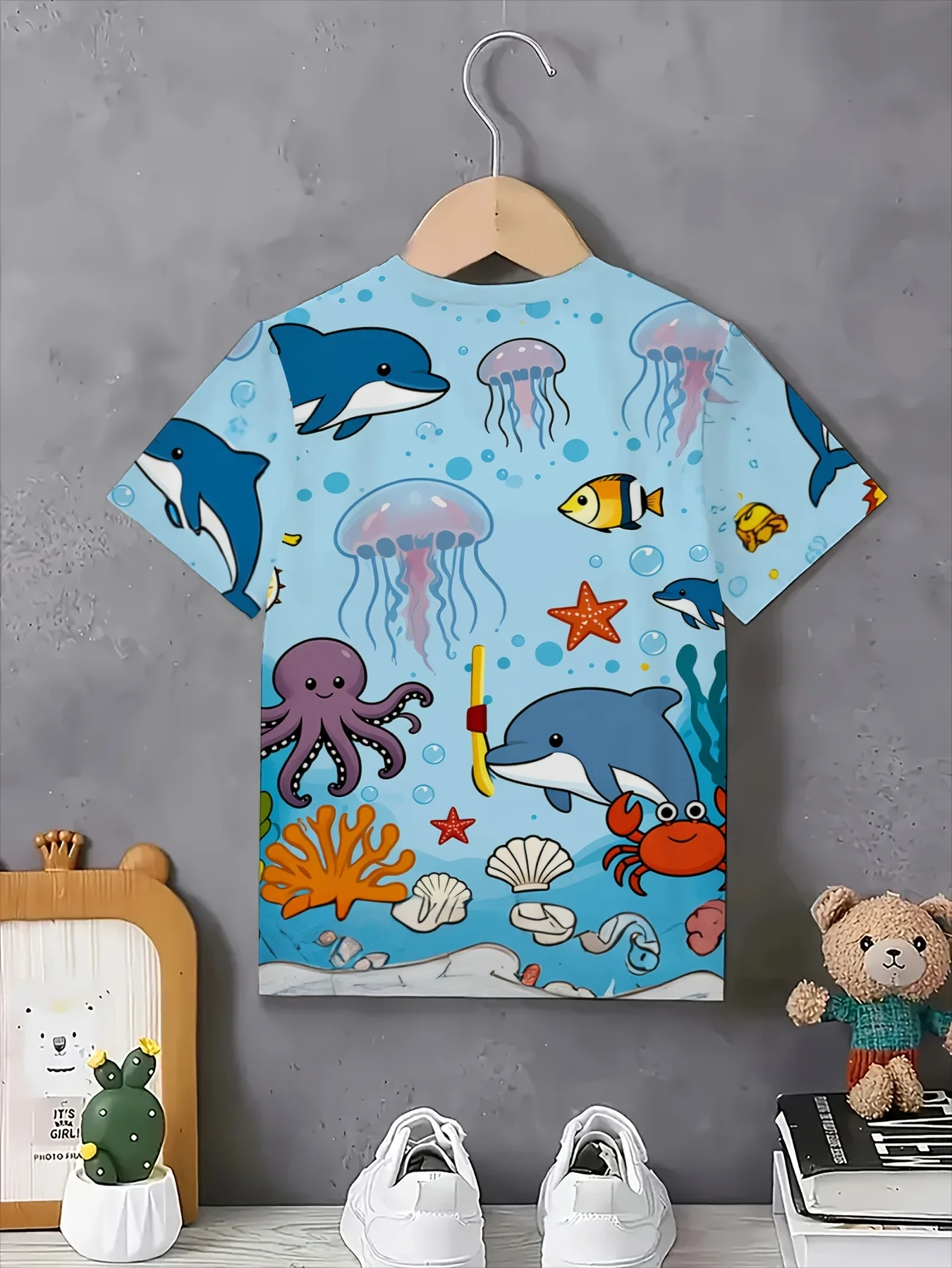 Kids Crew Neck Tee, Allover Ocean Creature Print, Fashion Boys Girls Summer Short Sleeve T-Shirt