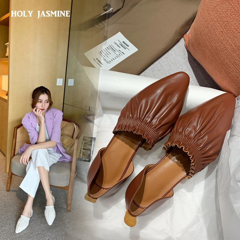 Genuine Leather Pointed Young Lady Streetwear Dating Pleated Solid Korean Girl Leisure Toe Slip on Sandals Women 2022 Summer New