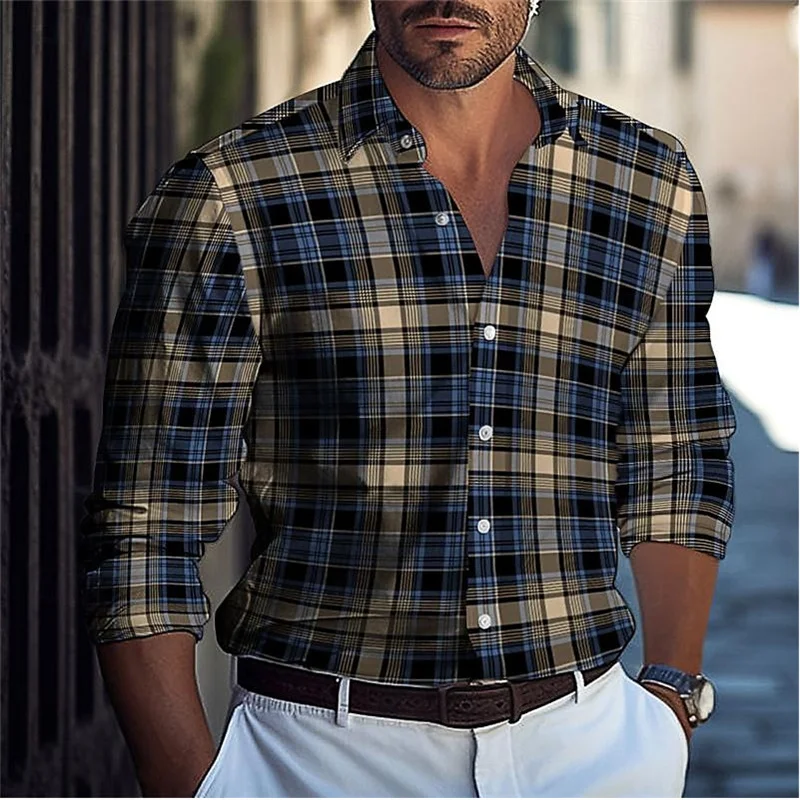 Hawaiian Men's Shirts Blue Plaid Color Block  Button Up Shirts Casual Summer Beach Shirts Long Sleeve Lapel Comfortable Clothing