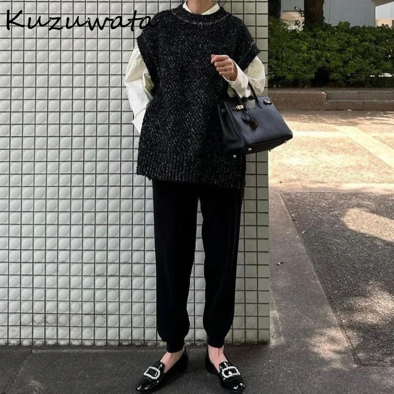 Kuzuwata Lazy Collarless Sleeveless Woman Sweaters Loose Pullover Zip Soft Casual Women Clothing Japan Knit Moda Sweater Vest