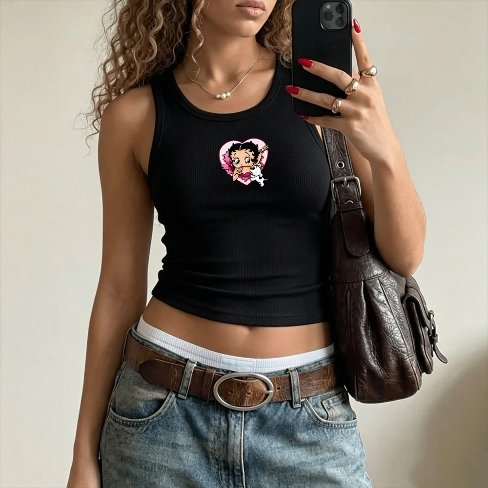 Dog Mother Betty-boop Printed Tank Top Y2K Street OutfitHigh Waist Denim Layering Casual Café Hangout Summer Festival Casual Top