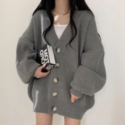 Fall-Winter 2024 New V-Neck Single Breasted Grey Balloon Sleeve Knitted Cardigan Sweater Women's Jacket