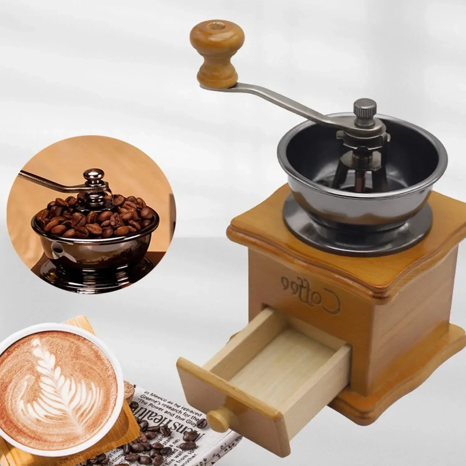 Manual Coffee Grinder,Wooden Coffee Bean Grinder with Hand Crank Rocker, Adjustable Fine to Coarse,Portable Fresh Ground Tools