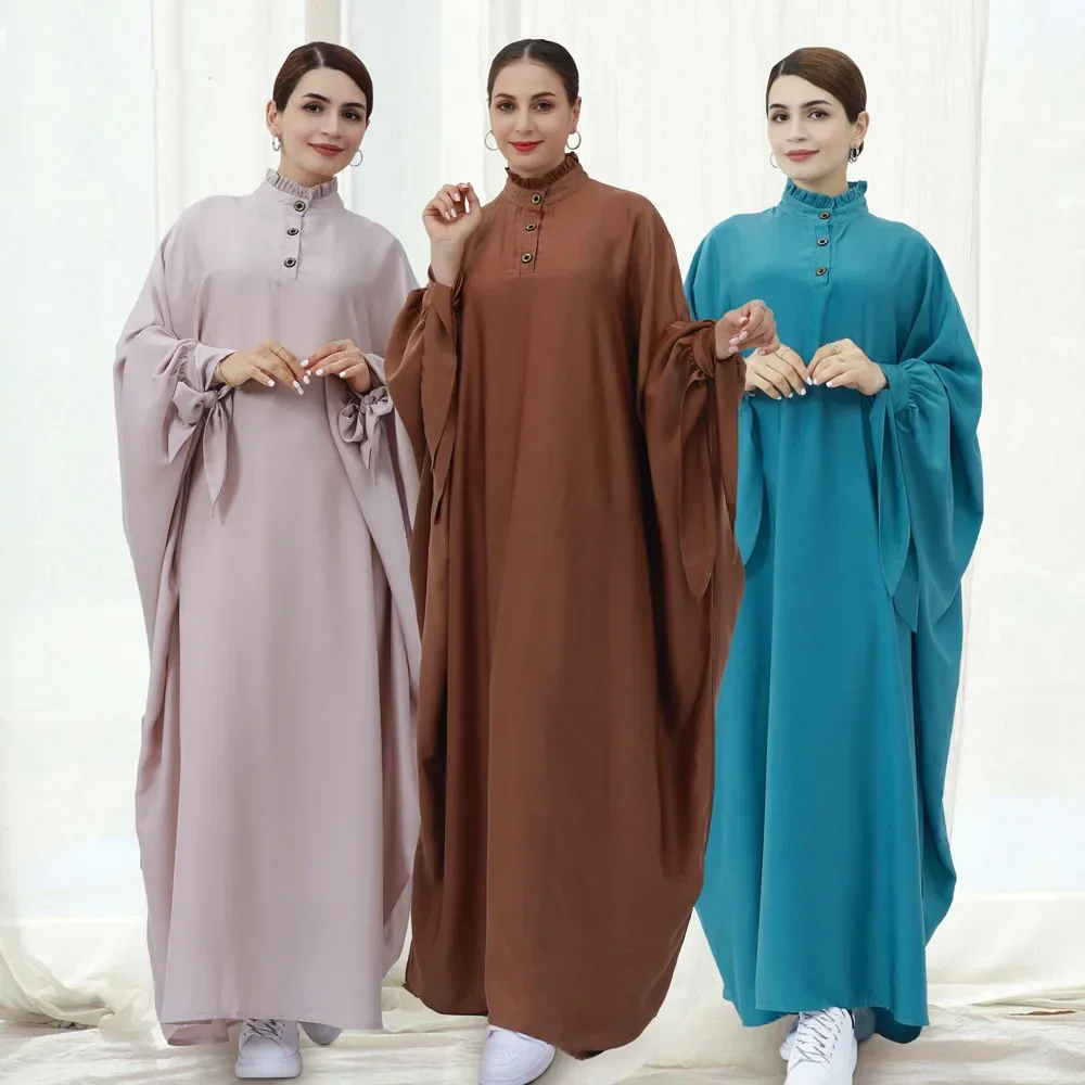 Summer Satin Abaya Oversized Butterfly Sleeve Ruffles Collar Muslim Dress for Women Turk Dubai Kaftan Casual Ramadan Eid Modesty