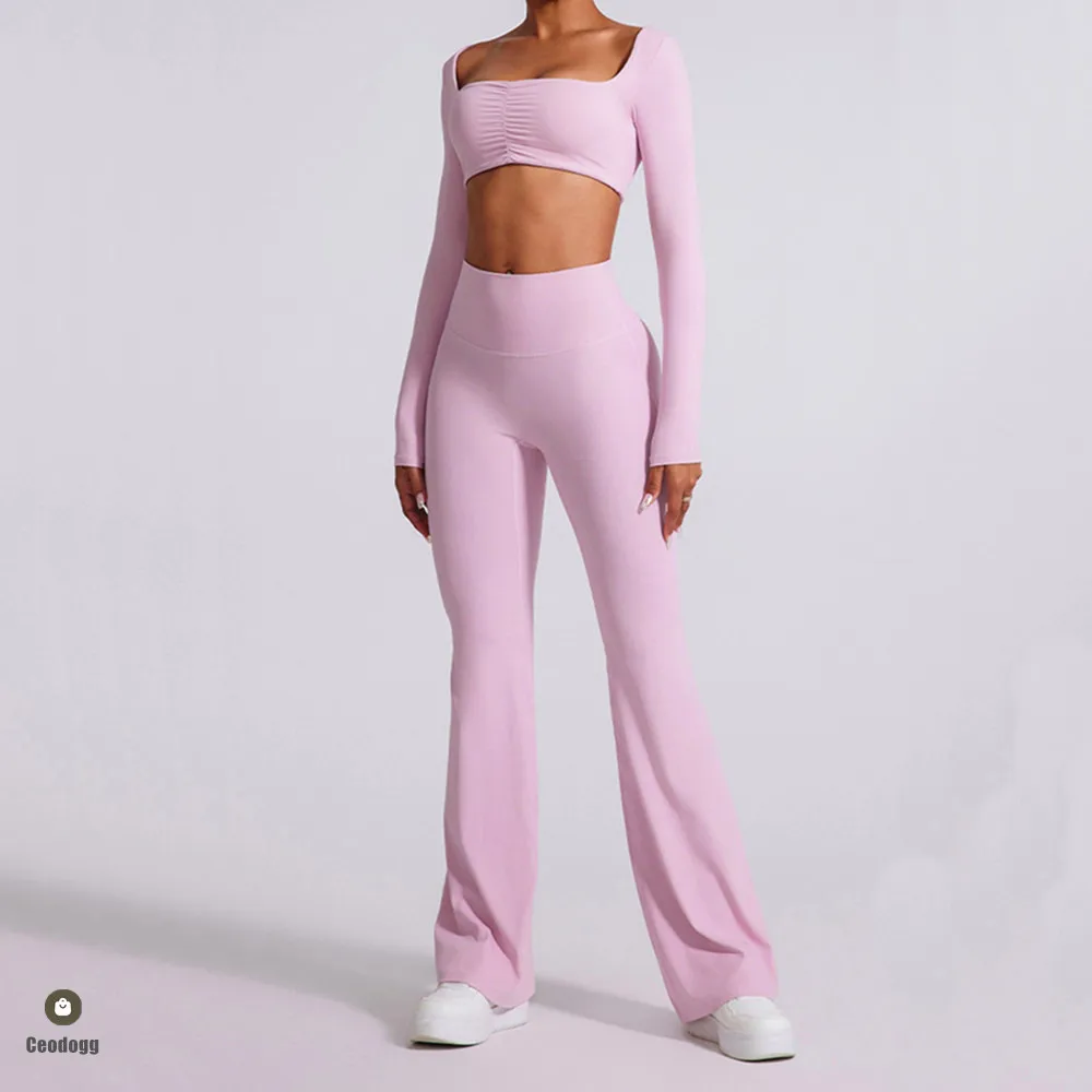 

2PCS Pad Women Yoga Set Workout Pant Clothes Athletic Sports Gym Flare Legging Fitness Long Sleeve Crop Top Active Wear XP15