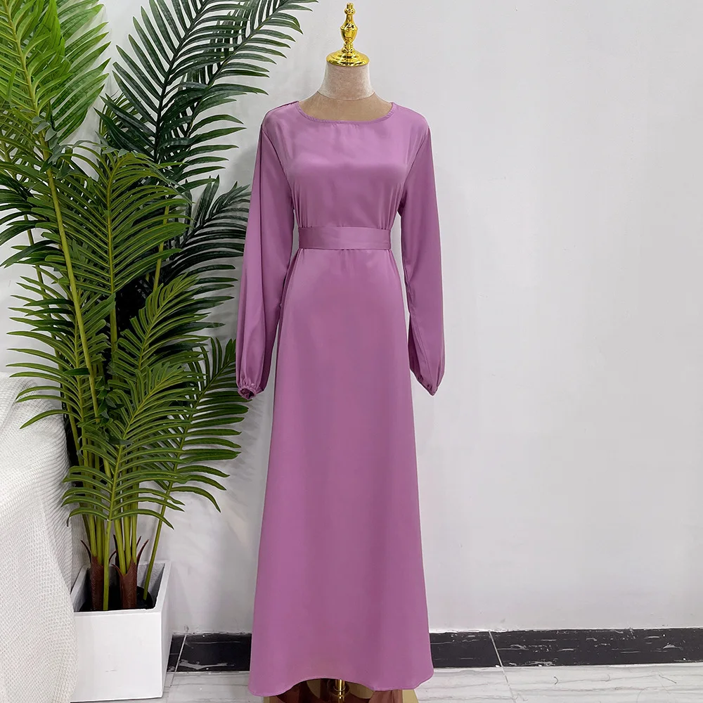 

Muslim Islamic Clothing Modest Maxi Dress With Side Pockets Slim Sleeve Elastic Cuff Plain Color Satin Closed Abaya Match Hijab