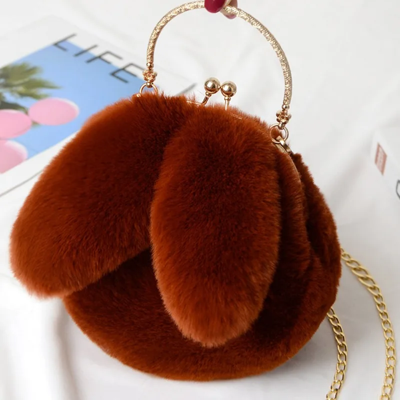 Cute Warm Winter Faux Fur Crossbody Bags for Girl Women Plush Handbag Lady Shoulder Bags Long-Eared Rabbit Messenger Bag