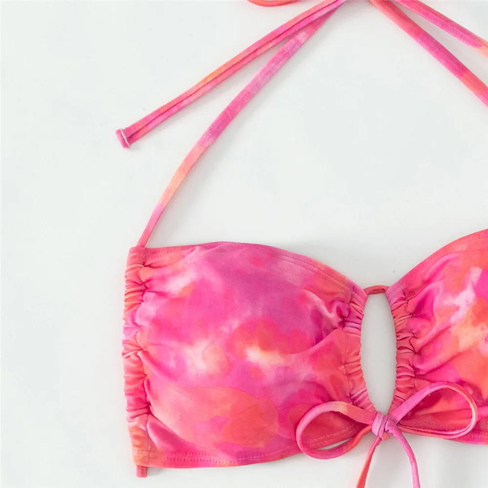 Seksowna różowo-czerwona bikini Bandeau zestaw 3-częściowy strój kąpielowy z zakryciem mikro stringi kostium kąpielowy sznurowany kostium kąpielowy