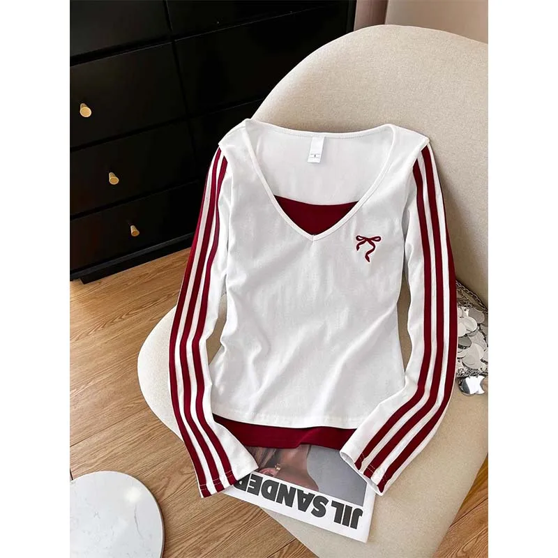 

Spring Autumn Fake Two Pieces V-neck Long Sleeve T-shirt Women Clothing Casual Loose Chic Patchwork Top Tee All-match Pullovers