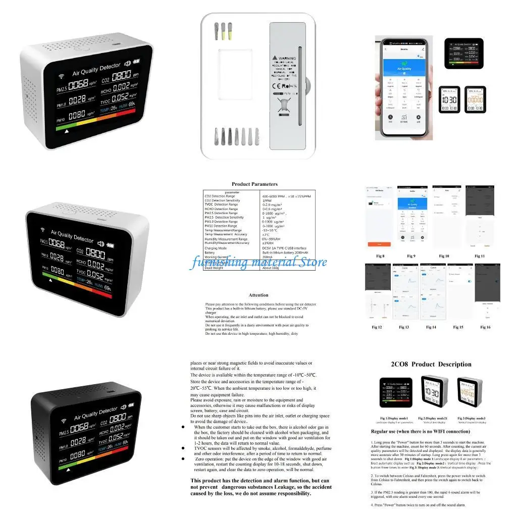 

Y5GD 13 in 1 Temperature and Humidity Monitors Multifunction Air Qualitys Monitors TVOC HCHO Tester with PM2.5 PM1.0 PM10 CO2