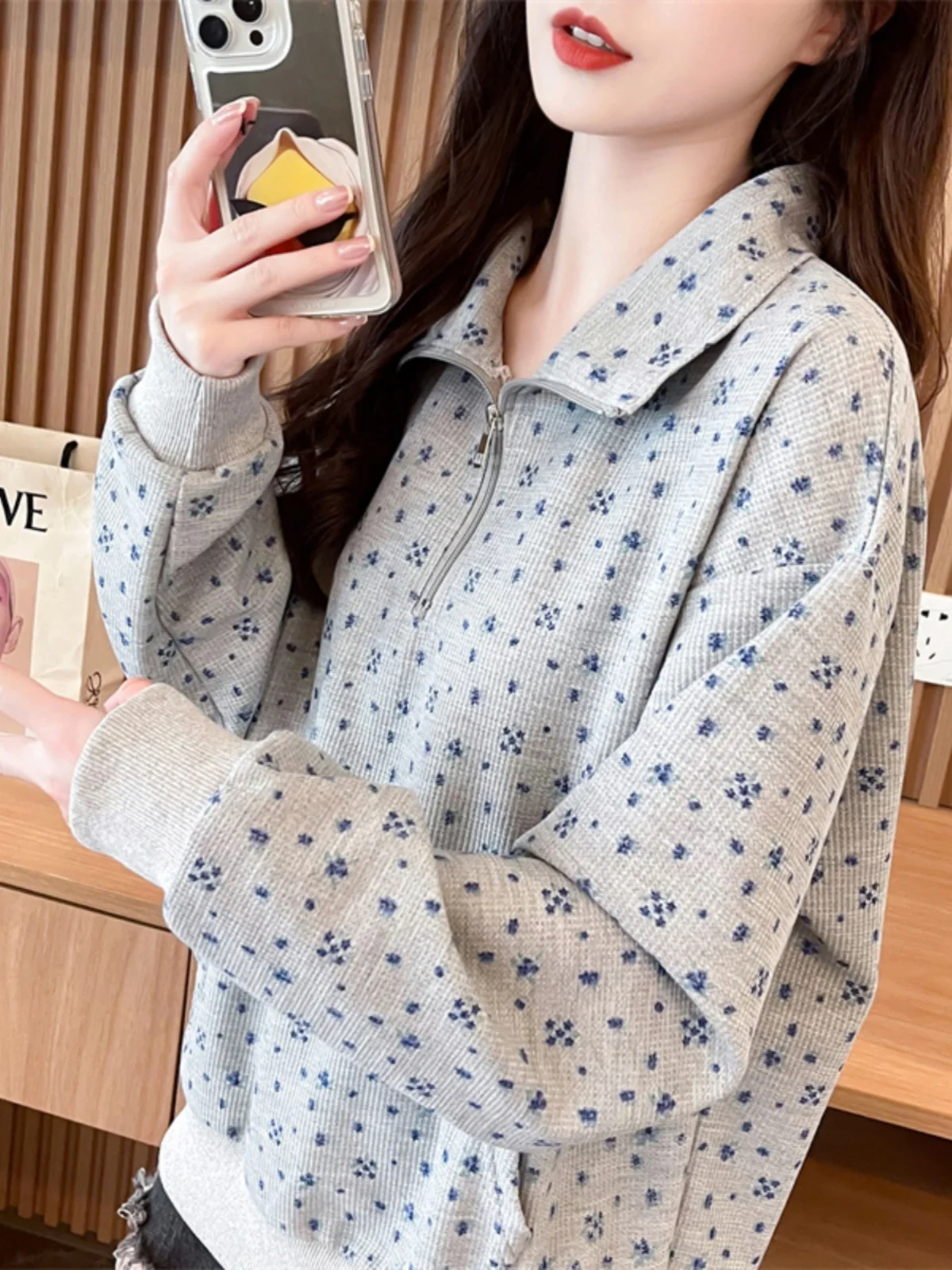 Chic Casual Women's Oversized  Sweatshirt Half Zip Loose Fashionable Spring Autumn Top Korean Style Long Sleeve Cotton Blend