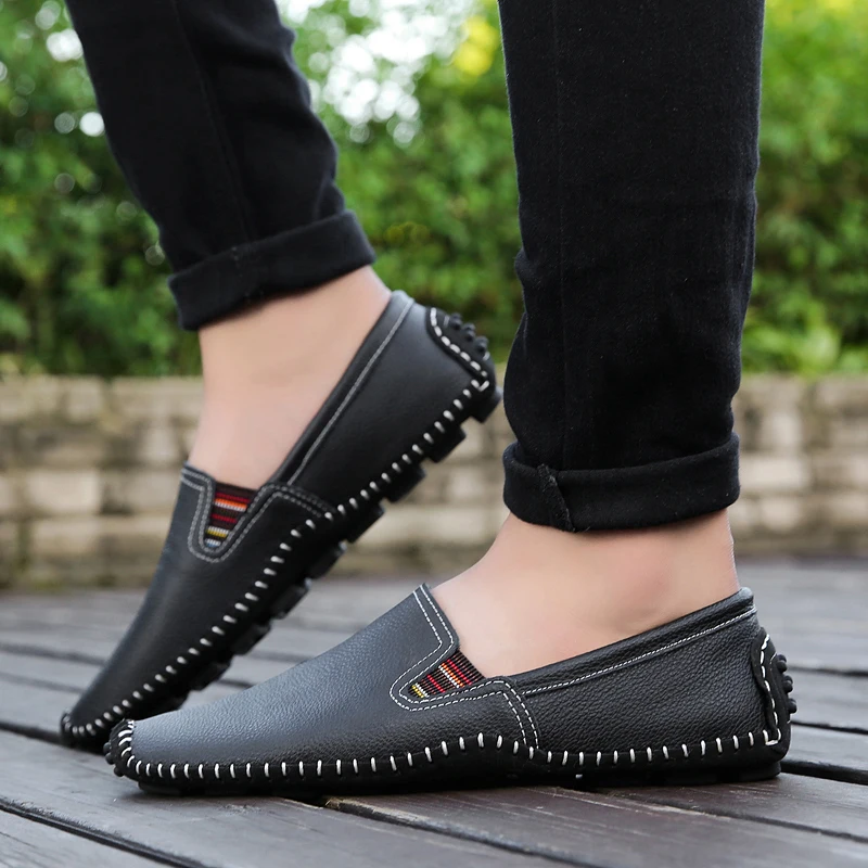 

Hand-Stitched Handmade Leather Casual Shoes Men Lightweight British Style 38-47 Moccasins Loafers Male Non-Slip Walking Shoes