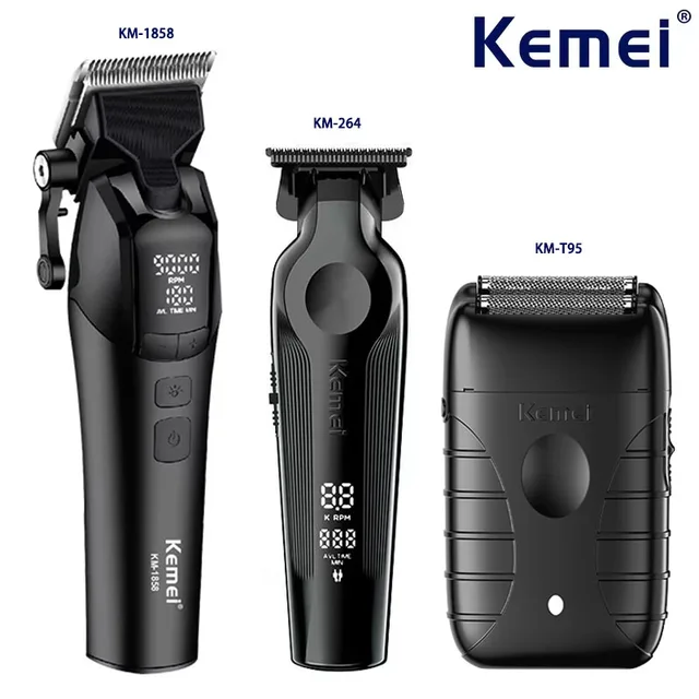 Kemei KM-1858 9000RPM 10W maszynka do strzyżenia włosów, KM-264 akumulatorowy elektryczny trymer, oryginalna golarka KM-T95 dla mężczyzn zestaw maszynek do strzyżenia fryzjera