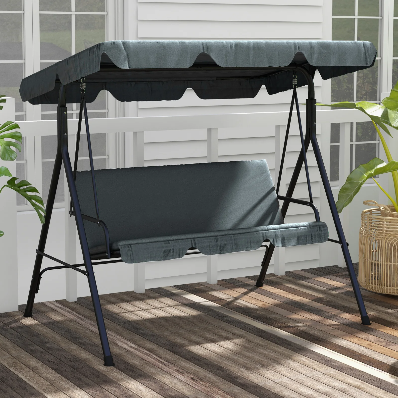 Columpio Hollywood con cojín para asiento, columpio de jardín de 3 plazas con parasol ajustable, banco de exterior para jardín, terraza, 172x110x153cm