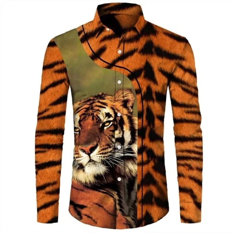 New Year Men Long Sleeve Shirts Hawaiian Cool Tiger Y2k 3D Print Spring Autumn Buttoned Casual Tops Hip Hop Men's Clothing