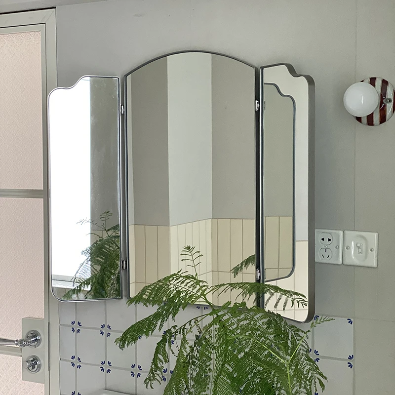 

Stainless steel three-fold bathroom mirror hoverable folding feng shui mirror desktop vanity mirror wall-mounted decorative