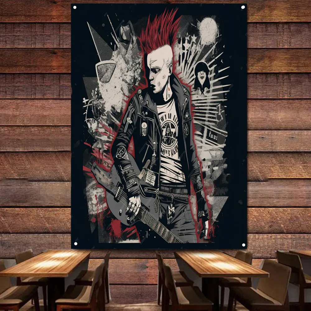 Rock Star Tapestry Wall Hanging Banner, Vintage PUNK Music Poster Flag for Bedroom Living Room Outdoor Party Man Cave Decoration