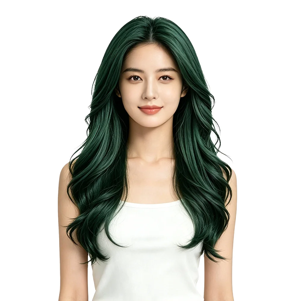 Fashion Dark Green Wig 50cm Medium Long Wavy Curly Wig Natural Looking Synthetic Full Head Wig For Women Party Cosplay Daily Use