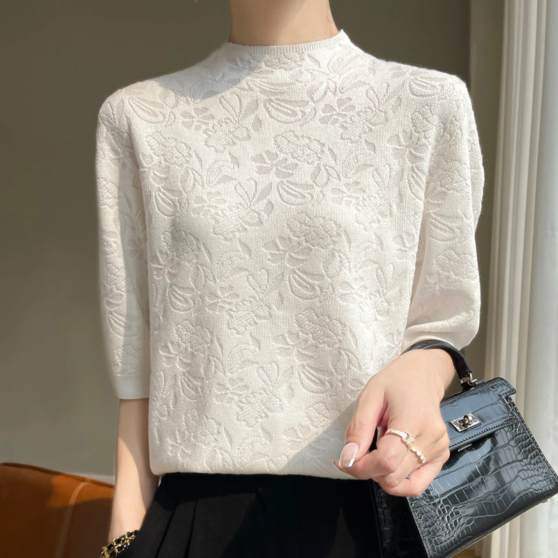 Spring Summer Wool Lace Silk T-shirt Women Tops O-neck Half Sleeve Tees Shirt Korean Fashion Vintage T Shirt Fmeale Clothing