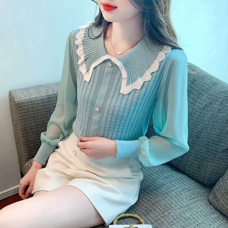 Women Doll collar Chiffon Long sleeve knit Shirt Chic Elegant Floral Lace Fluffy Long Sleeve Top Fashion White knitwear 2024