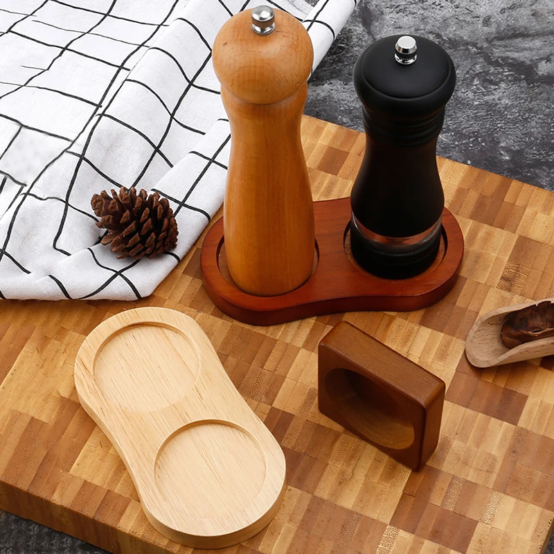 Wood Pepper Mill Tray Bamboo Salt Pepper Shaker Stand Tray Double Hole Base Tea Tray Home Decor Seasoning Bottle Storage Holder