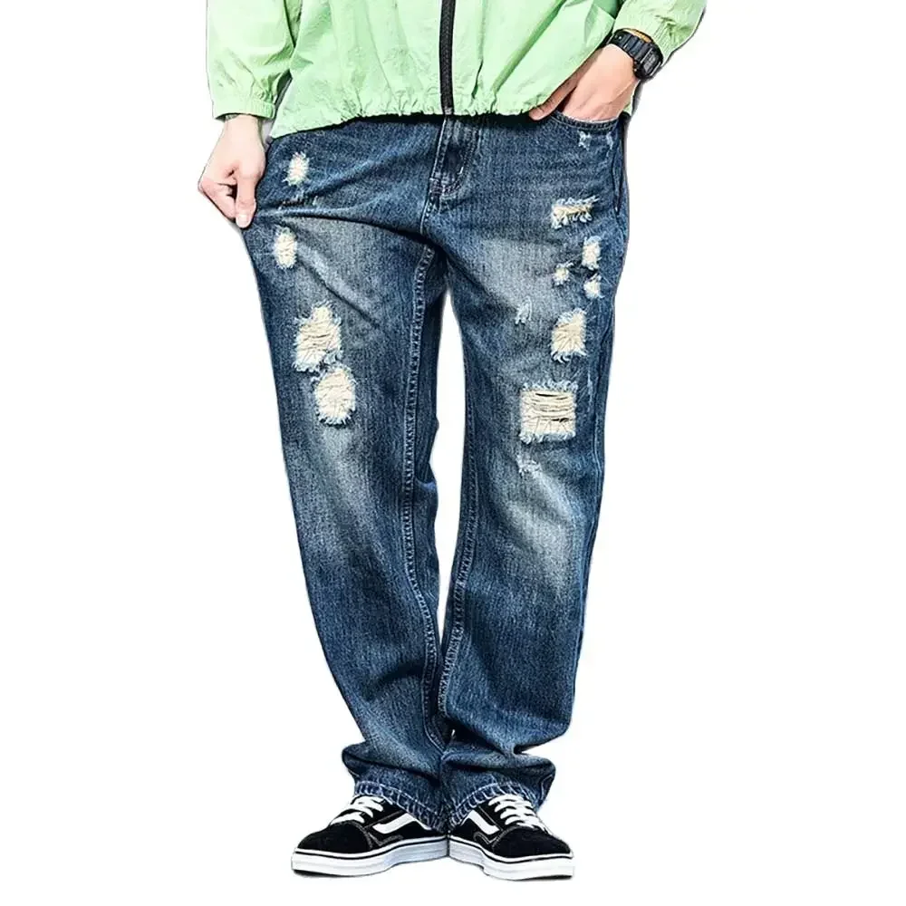 Trend Ripped Baggy Jeans Men Casual Straight Trousers Streetwear Denim Skateboard Distressed Harem Pants