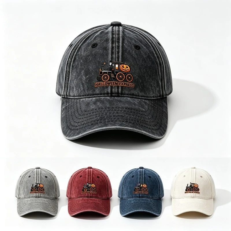 Distressed Washed Baseball Cap Halloween Express Pumpkin Train Print Unisex Dad Hat Retro Fall Halloween Casual Outdoor Sun Hat