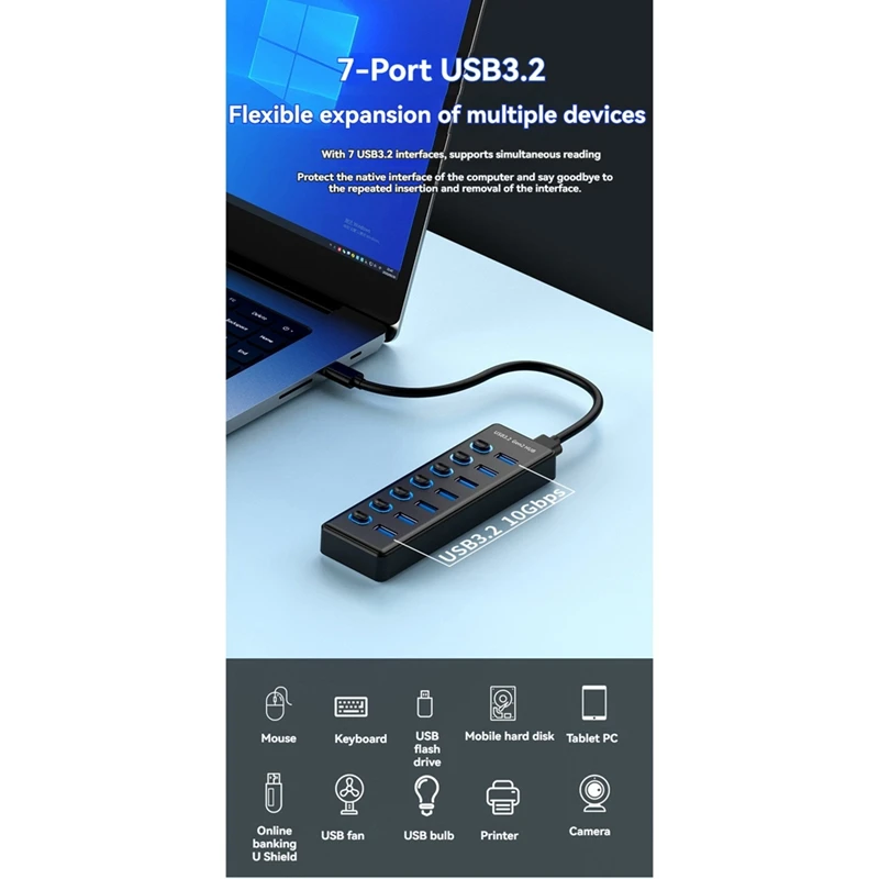 7 Port USB3.2 Gen2 HUB 10Gbps USB 3.0 Hub With Individual Switch Control LED Indicator With Power Adapter US Plug