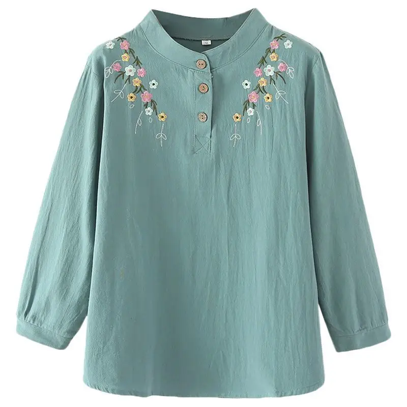 

Женская рубашка среднего возраста на весну и осень с длинным рукавом, свободный стильный базовый слой из хлопка с вышивкой
