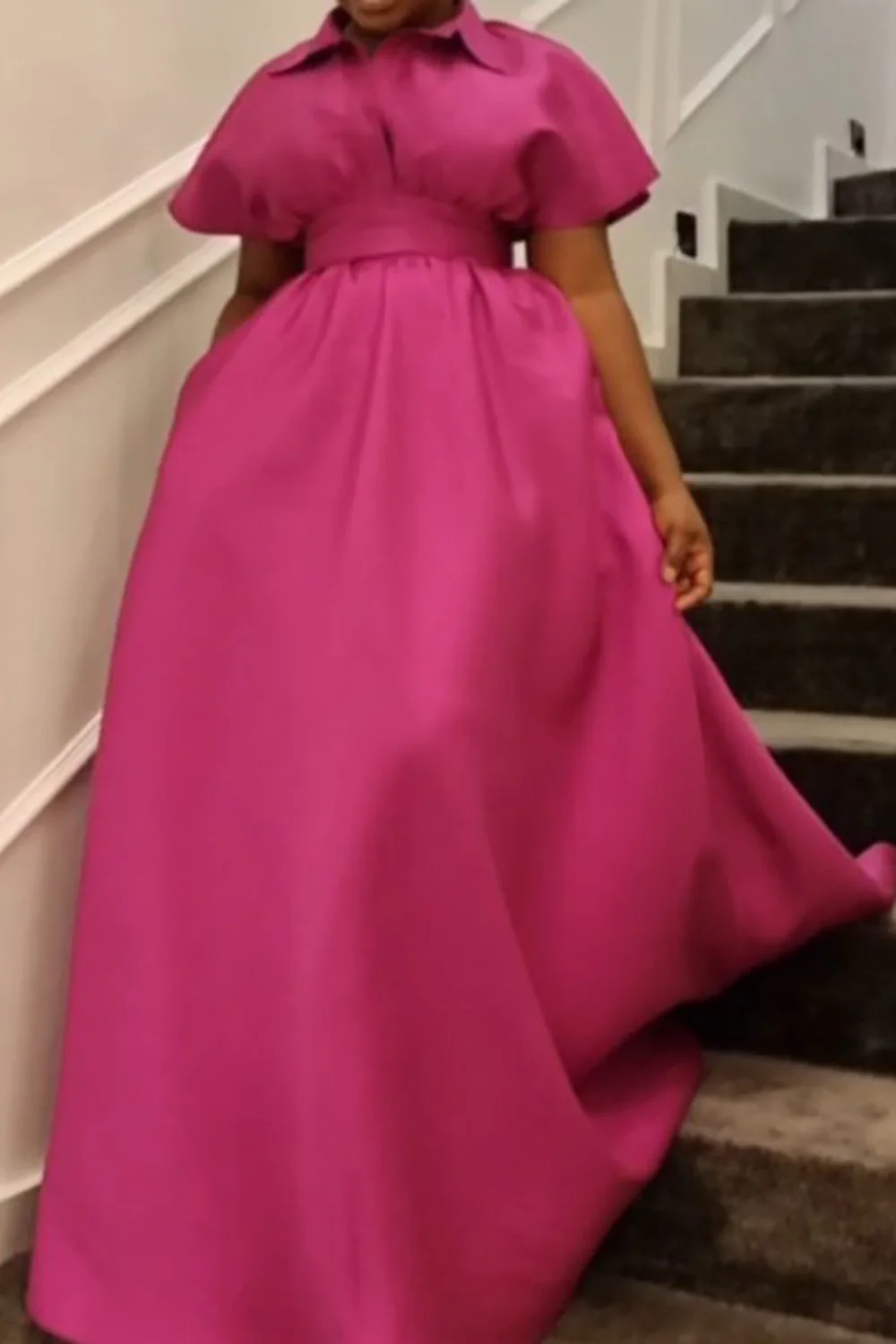 Plus Size Women’s Long Dress Pink Satin Short Sleeve Lapel Maxi Dress With Pocket Cocktail Wedding Guest Evening Party Dresses