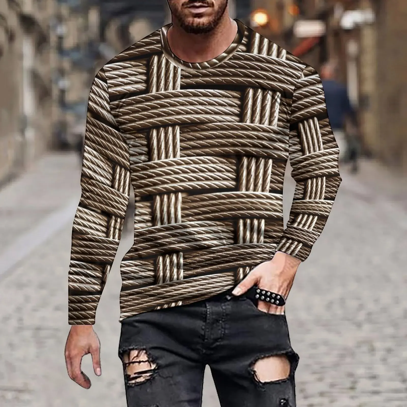 Spring And Autumn Men's Fashion Long Sleeve Loose Casual Solid Color Simple Stripes Irregular 3D Printed Round Neck Hoodie Tops