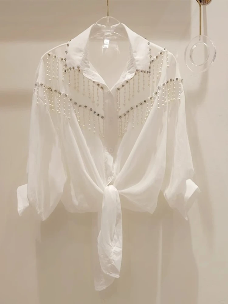 

Women Diamond Shirt Summer New Beaded Tassel Lace-up Lapel Seven-Point Sleeves Solid Color Blouses 2025 Lady Sunscreen Clothing